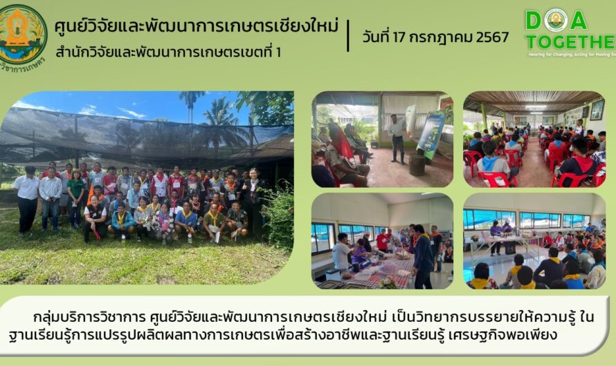 กลุ่มบริการวิชาการ ศูนย์วิจัยและพัฒนาการเกษตรเชียงใหม่ เป็นวิทยากรบรรยายให้ความรู้ ในฐานเรียนรู้การแปรรูปผลิตผลทางการเกษตรเพื่อสร้างอาชีพและฐานเรียนรู้ เศรษฐกิจพอเพียง