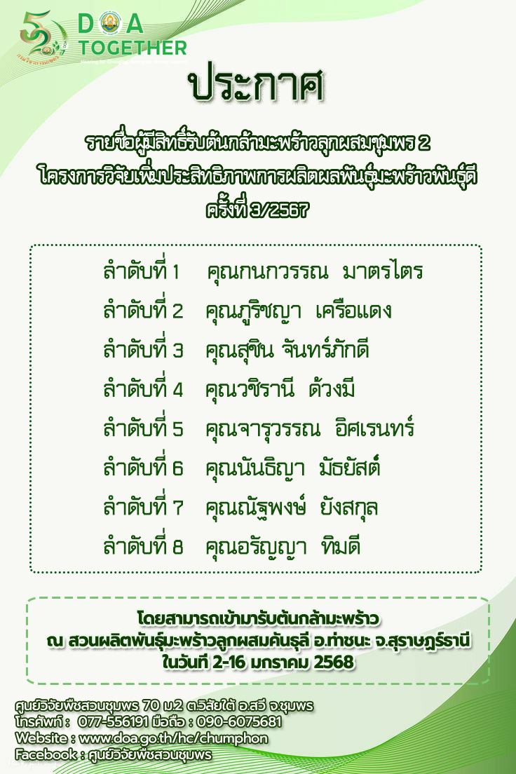 รายชื่อ ผู้มีสิทธิ์รับผลพันธุ์มะพร้าวลูกผสมชุมพร 2 ครั้งที่ 3/2567